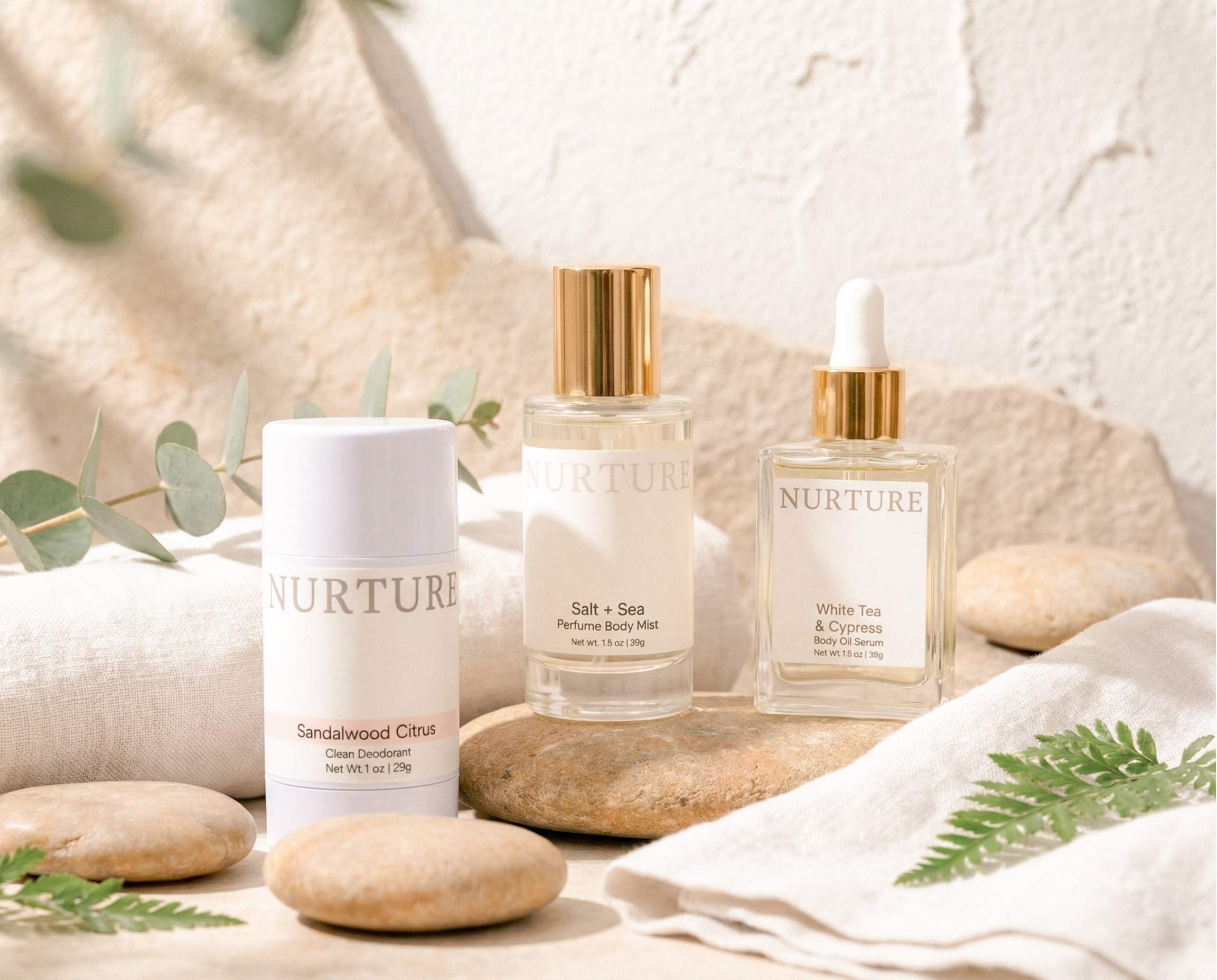 A collection of Nurture body care products on a stone background.