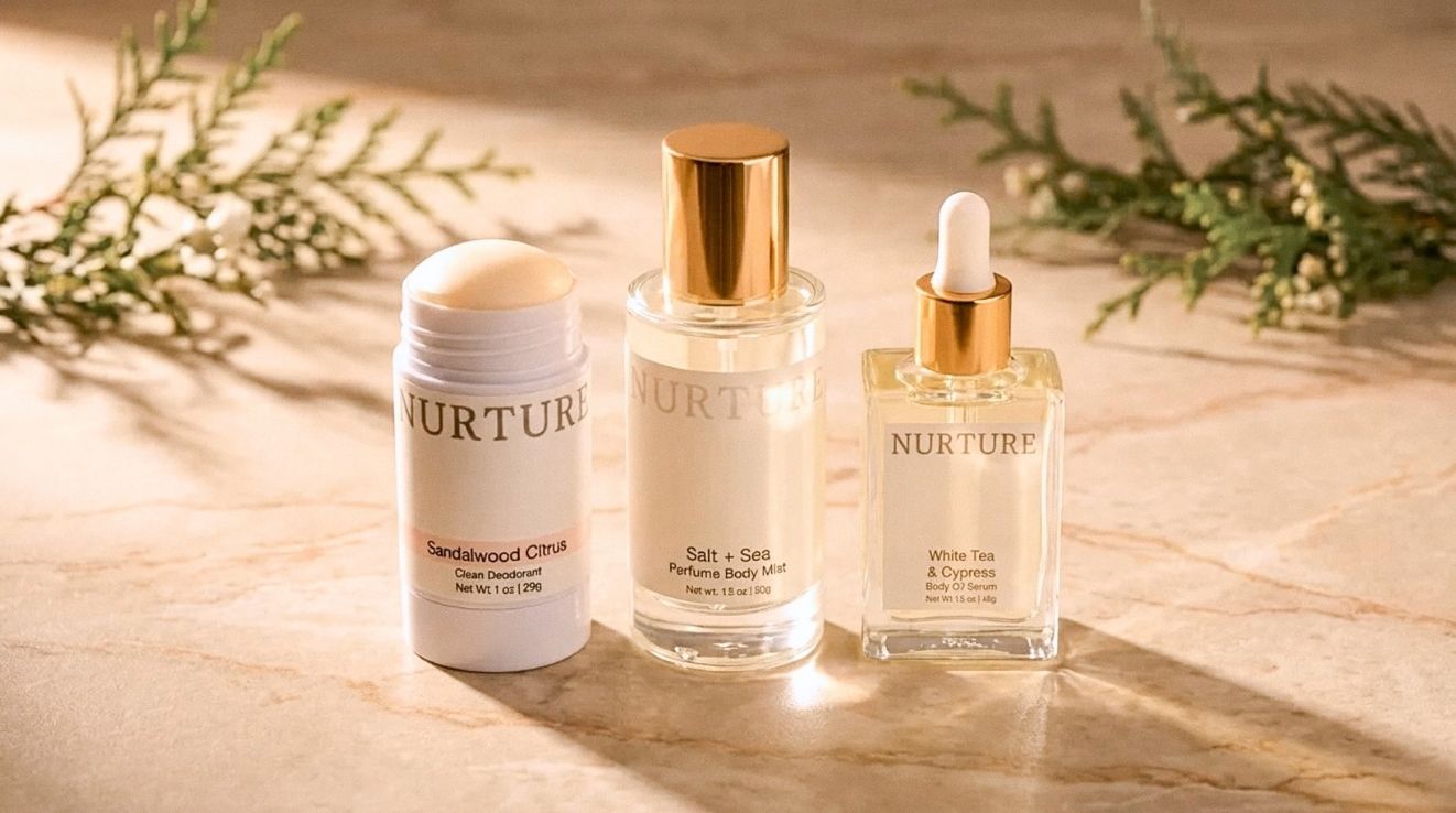 Nurture deodorant, body mist, and body oil on a light stone surface.