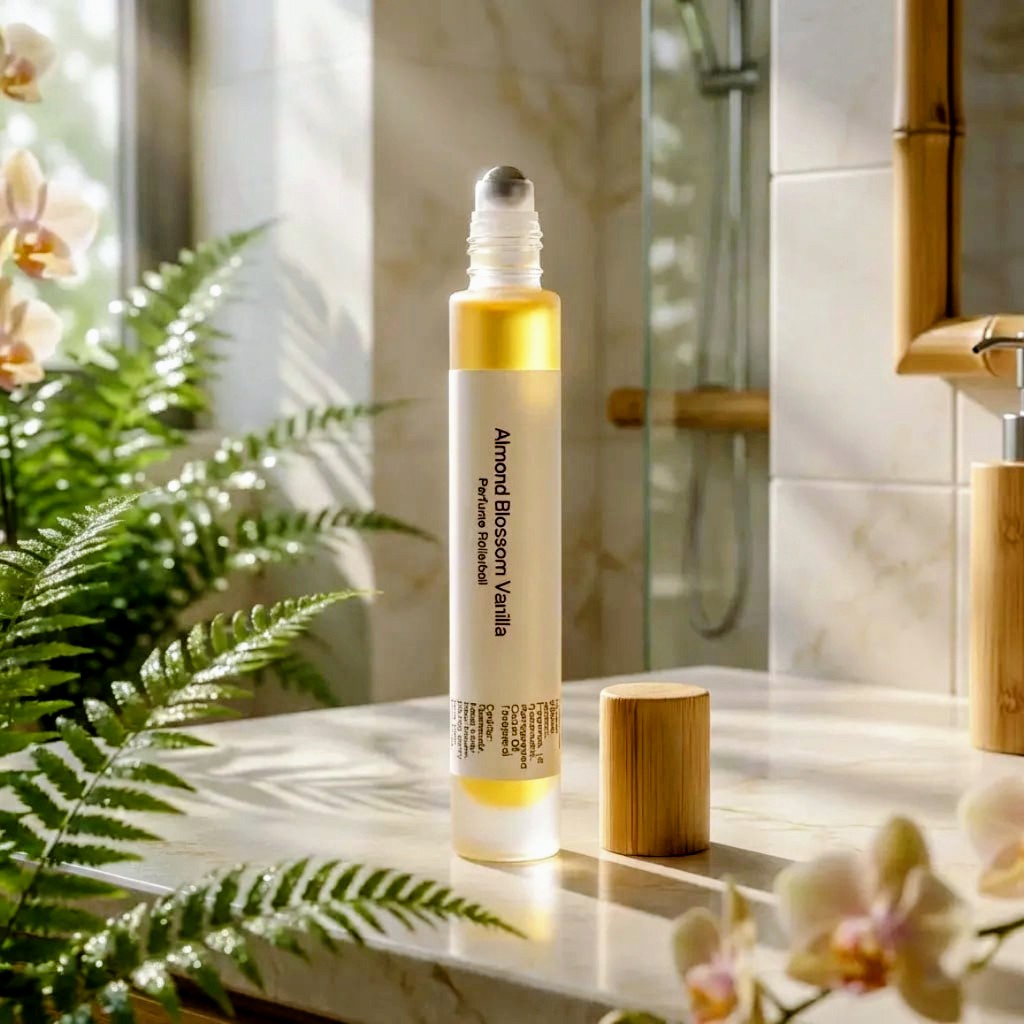 Almond Blossom Vanilla perfume rollerball on a marble surface with plants and a mirror in the background