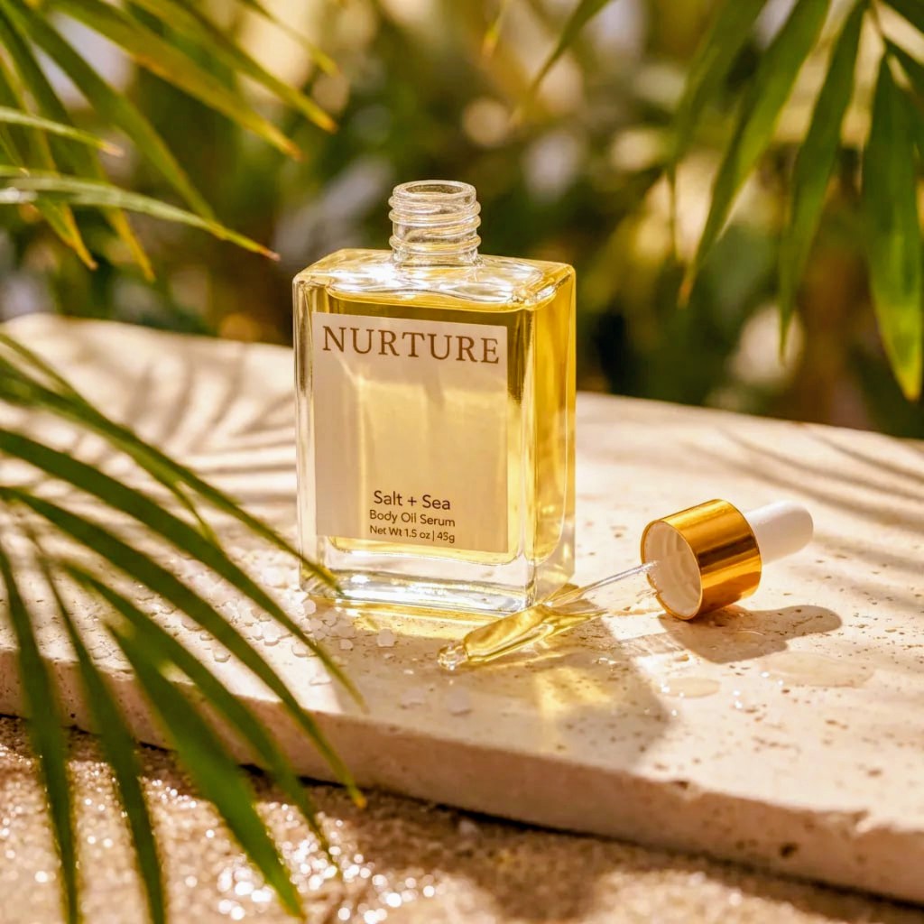 Nurture Salt &amp; Sea body serum bottle with dropper on a natural surface with green leaves in the background
