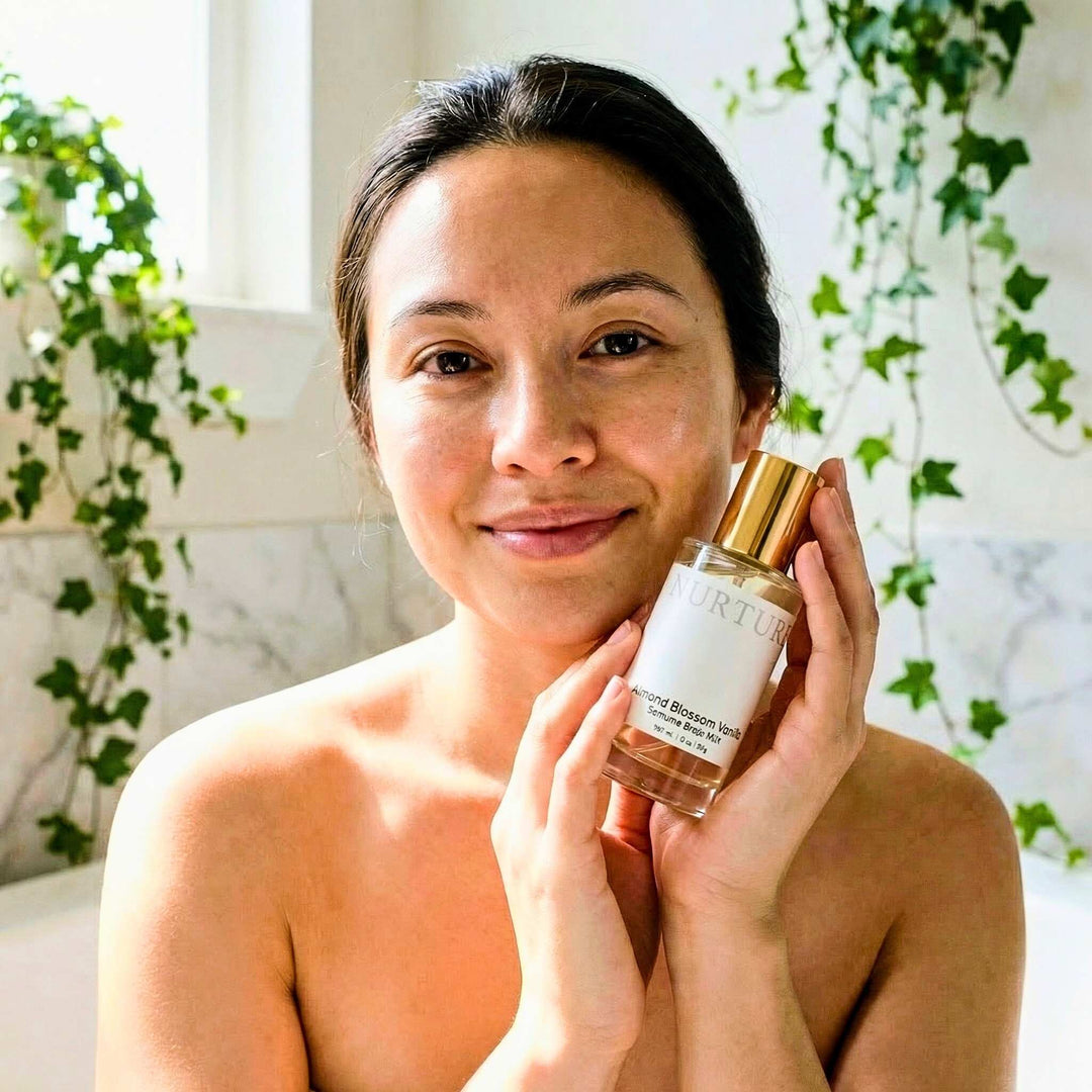 Woman holding a bottle of Almond Blossom Vanilla Perfume Body Mist.