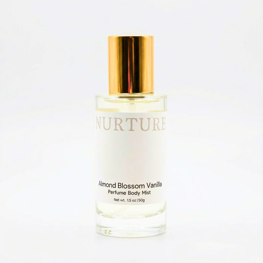Bottle of Almond Blossom Vanilla Perfume Body Mist on a white background.