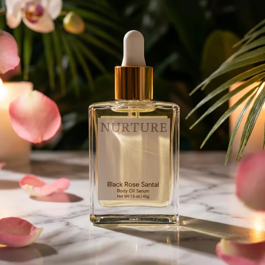 Nurture Black Rose Santal body oil serum bottle on a marble surface with decorative elements.
