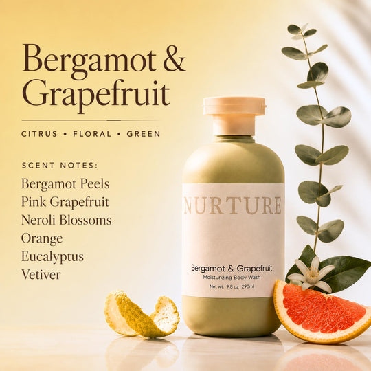 Bottle of Bergamot Body Wash on a neutral background.