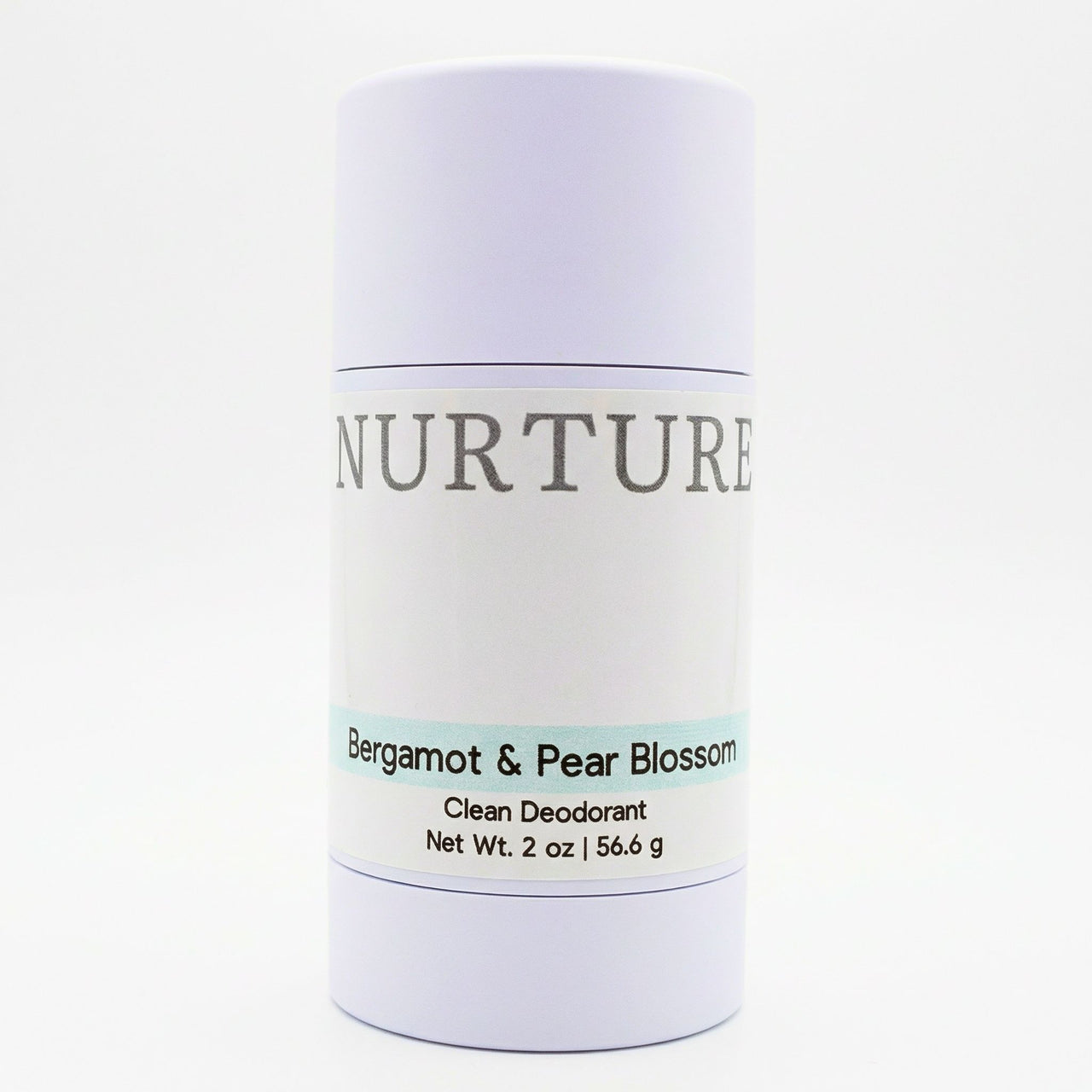 Deodorant stick labeled 'Nurture' with Bergamot & Pear Blossom scent on a white background