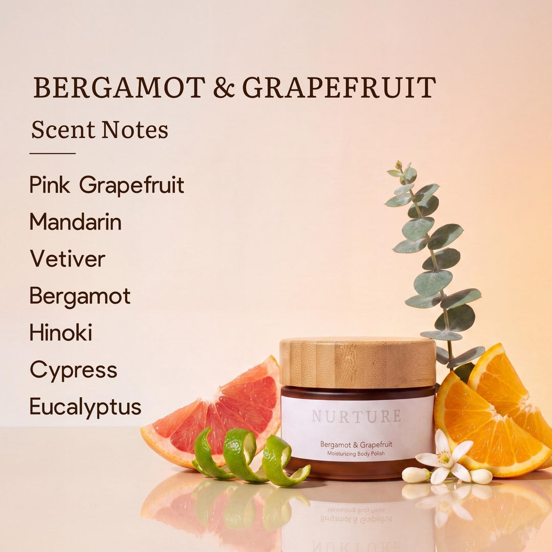 Jar of Bergamot body polish on a neutral background