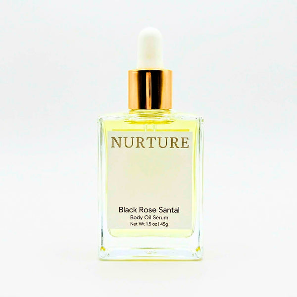 Nurture Black Rose Santal body oil serum bottle on a white background