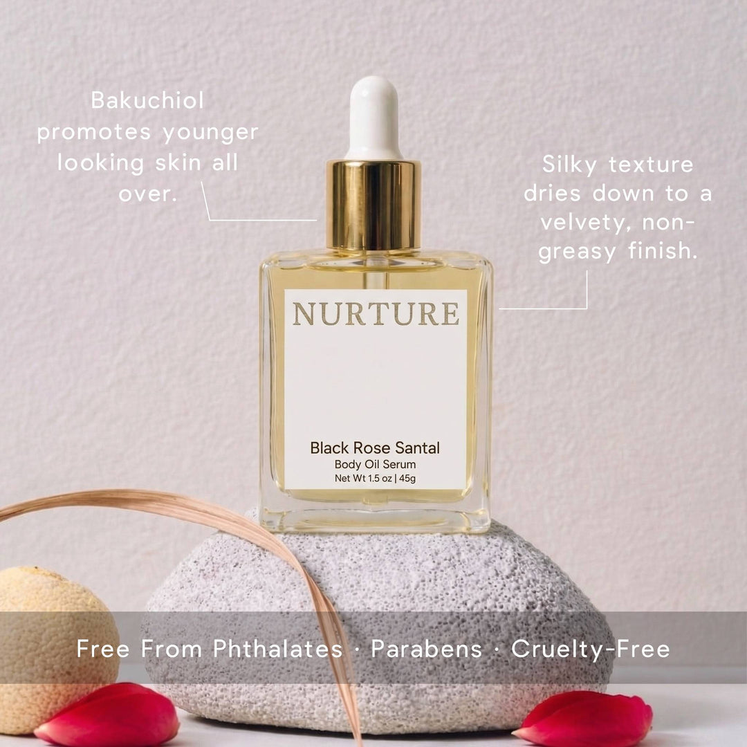 Nurture Black Rose Santal body oil serum with text on a light gray background