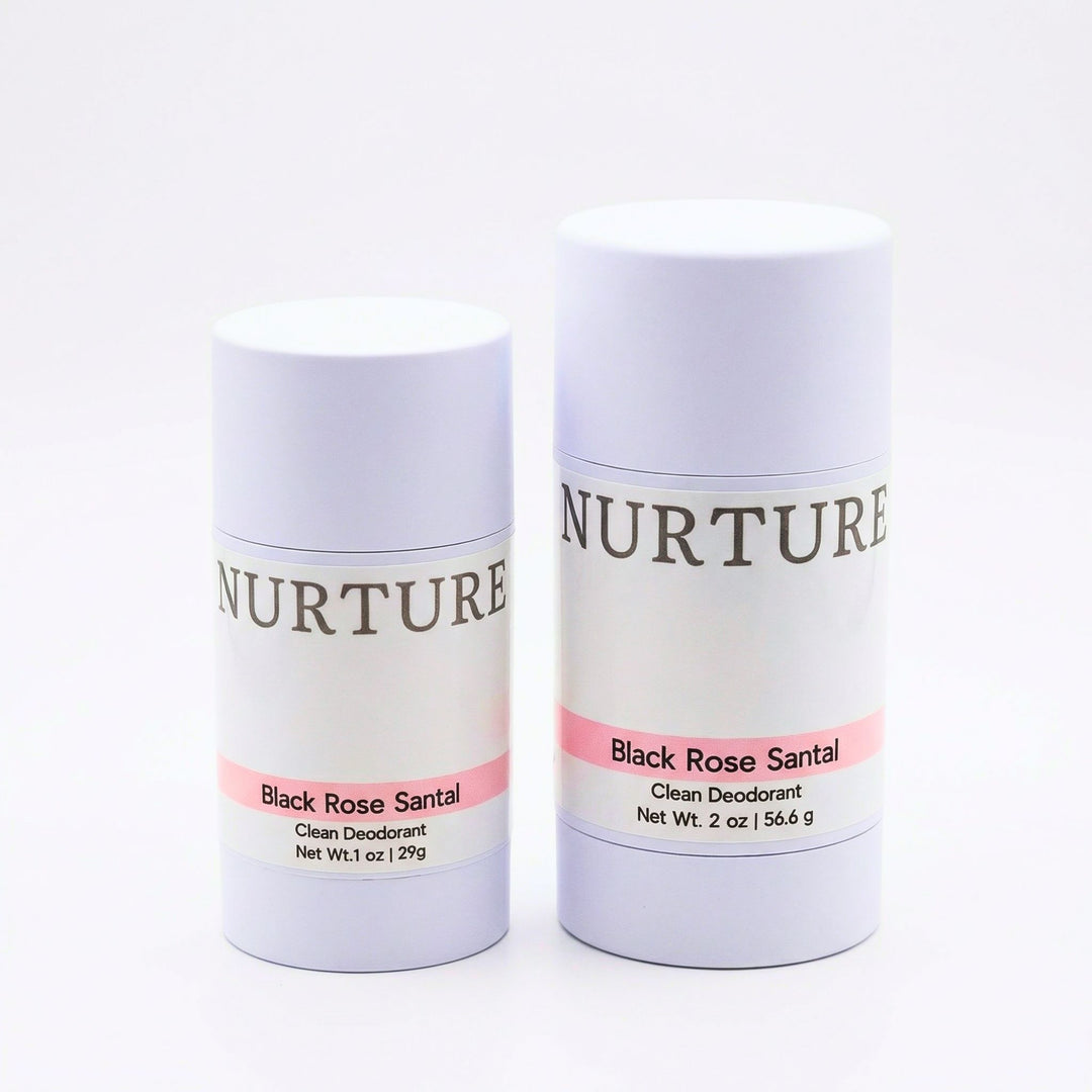 Two Black Rose Santal deodorant sticks on a white background