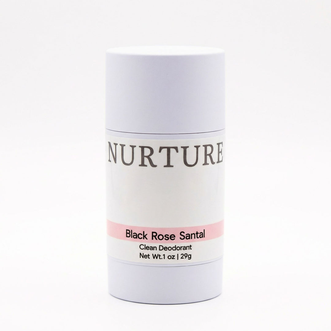 Deodorant stick labeled 'Nurture' with 'Black Rose Santal' on a white background