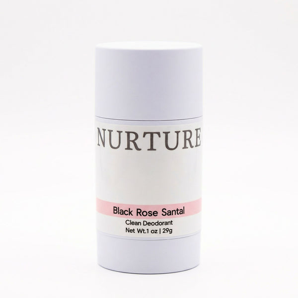 Deodorant stick labeled 'Nurture' with 'Black Rose Santal' on a white background