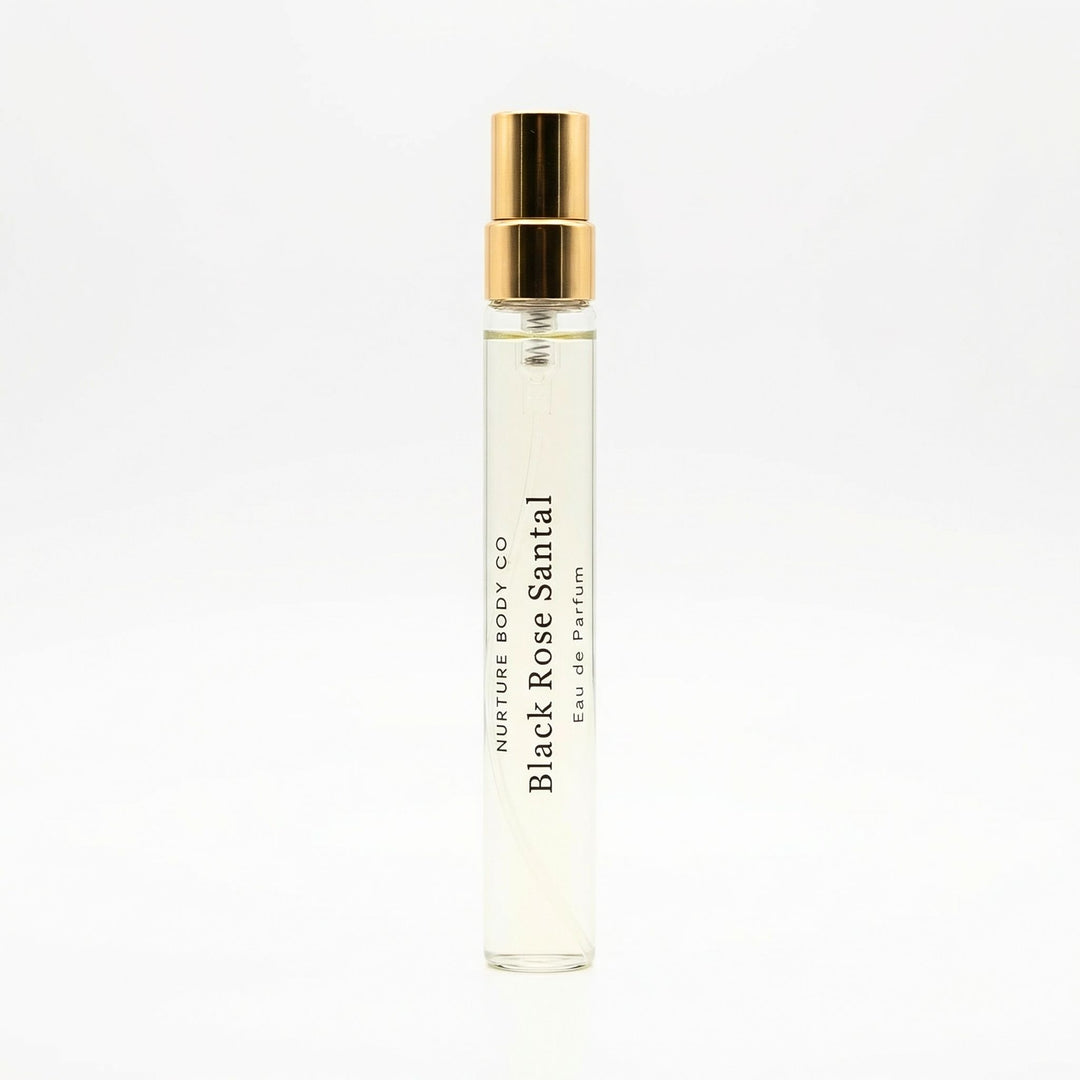 Perfume bottle labeled 'Black Rose Santal' by Nurtture Body Co. on a white background
