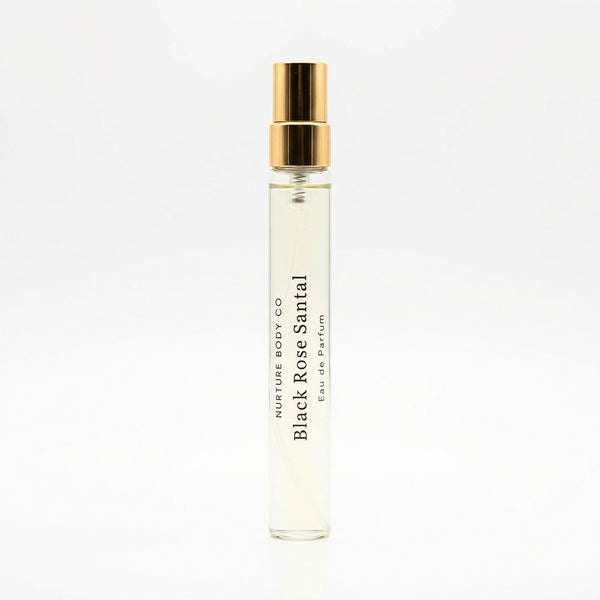 Perfume bottle labeled 'Black Rose Santal' by Nurtture Body Co. on a white background