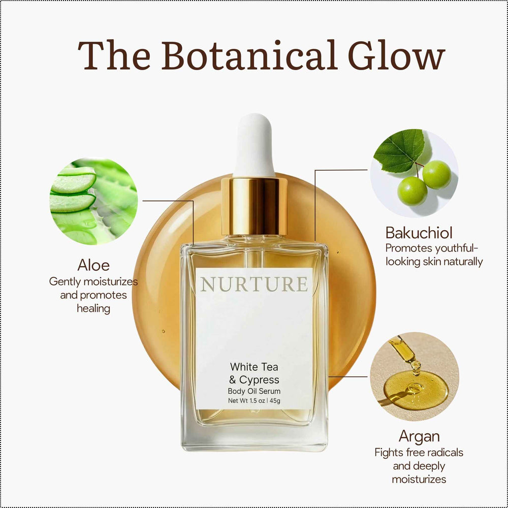 Nurture White Tea & Cypress body oil serum with botanical elements on a white background