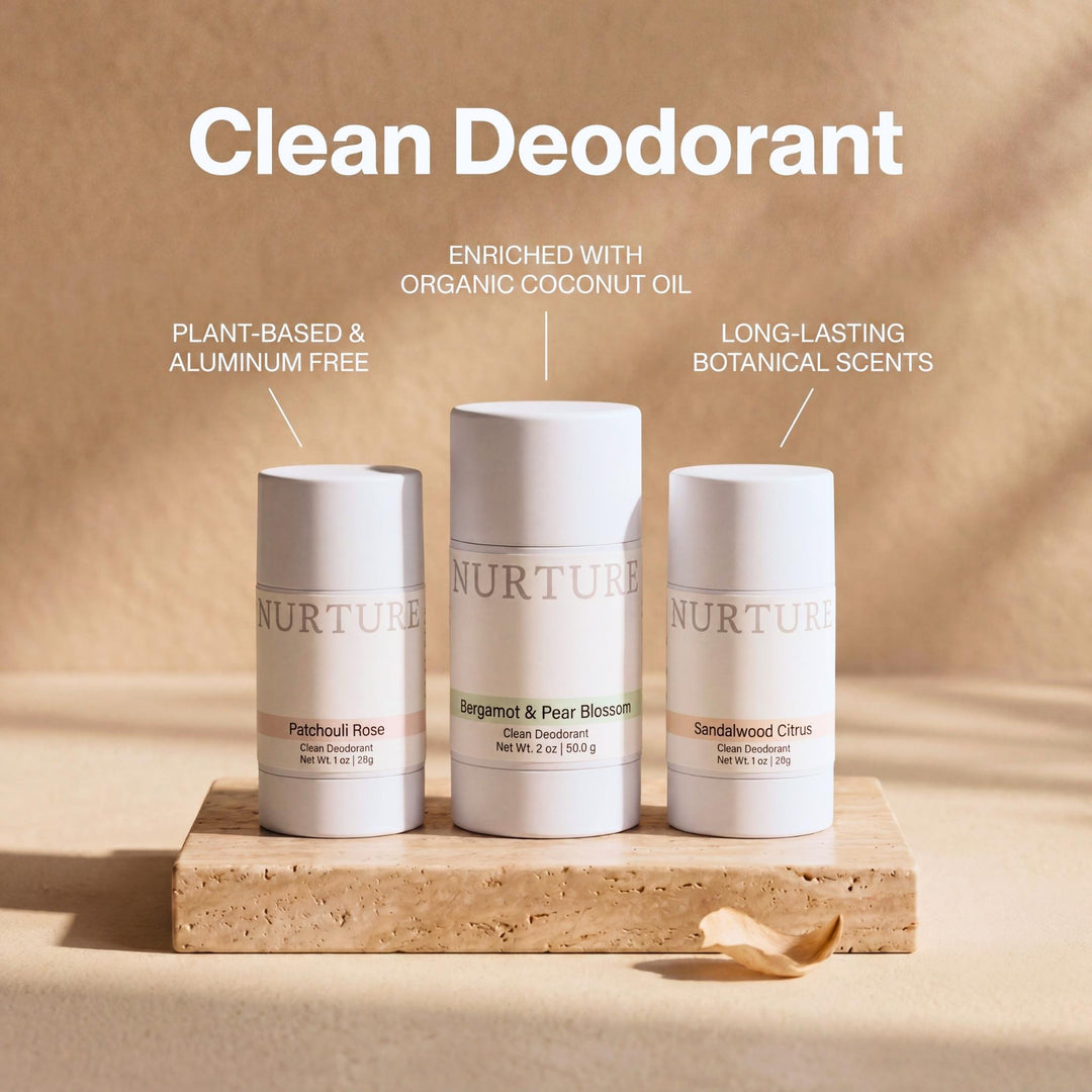Three NURTURE clean deodorant sticks on a wooden block with a beige background