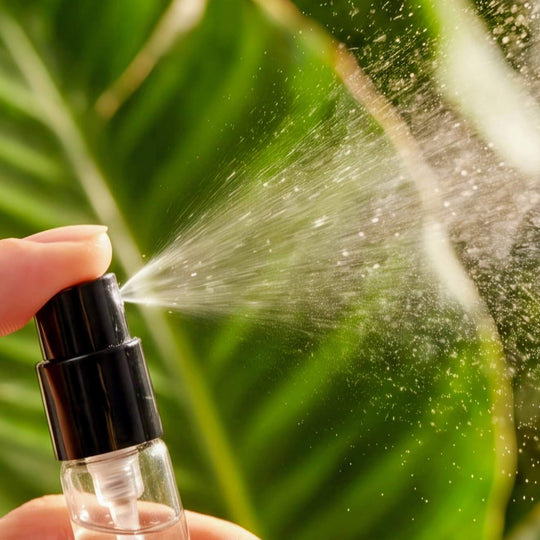 Person holding a small spray bottle with water droplets against a green leafy background