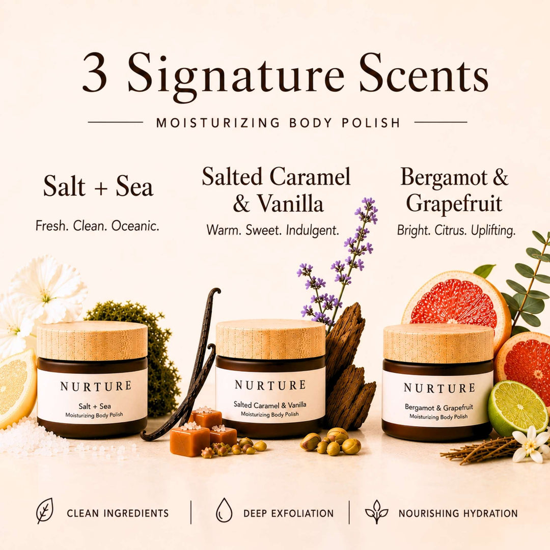 3 jars of body polish on a white background.