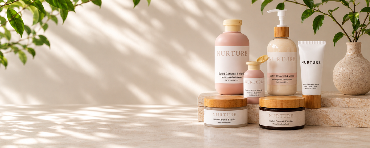 A set of NURTURE skincare products, including bottles, jars, and a tube, arranged on wooden blocks with a neutral background and soft leaf shadows.