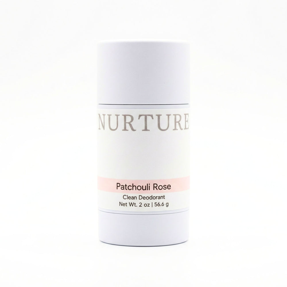 Deodorant stick labeled 'Nurture' with 'Patchouli Rose' on a white background