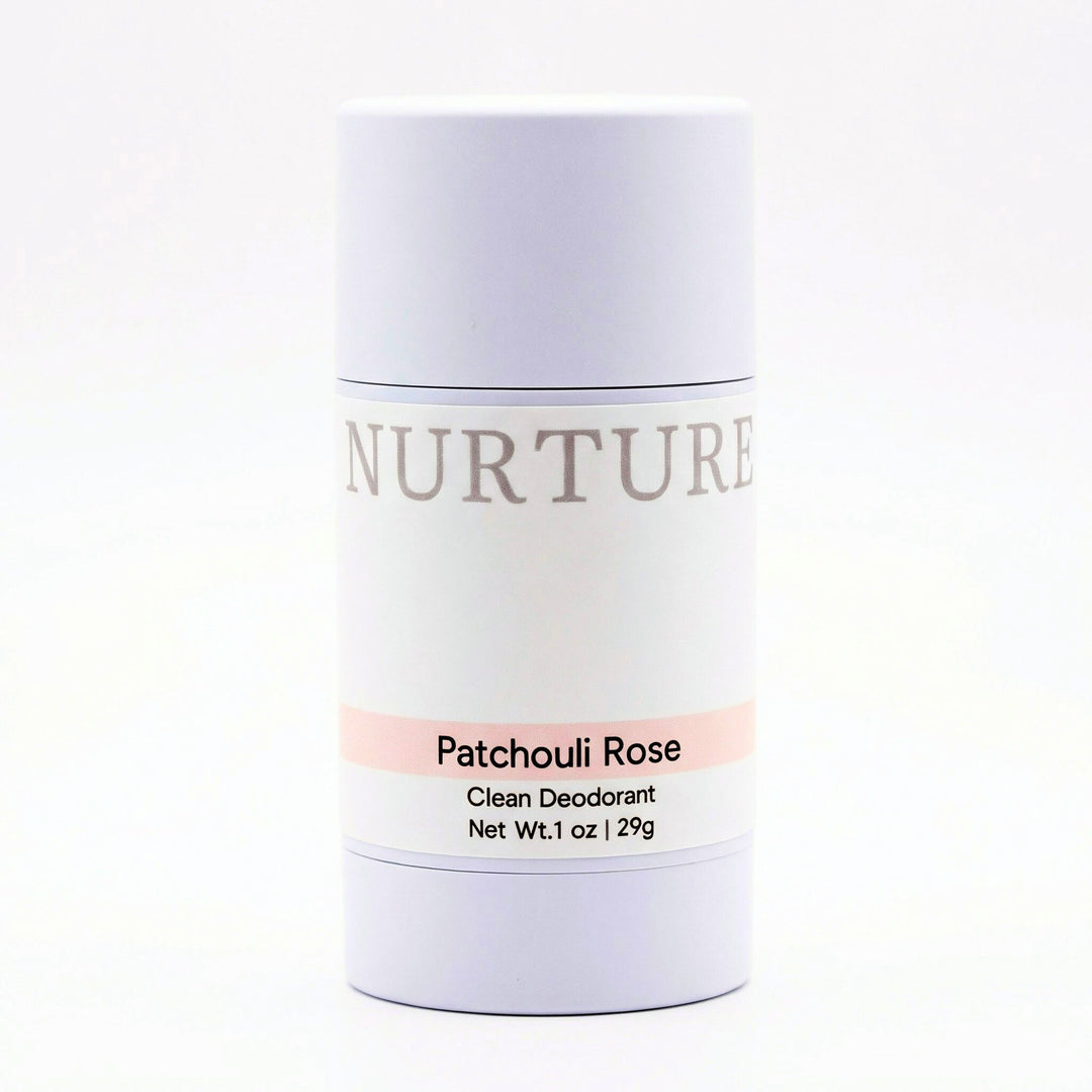 Deodorant stick labeled 'Nurture' with 'Patchouli Rose' on a white background