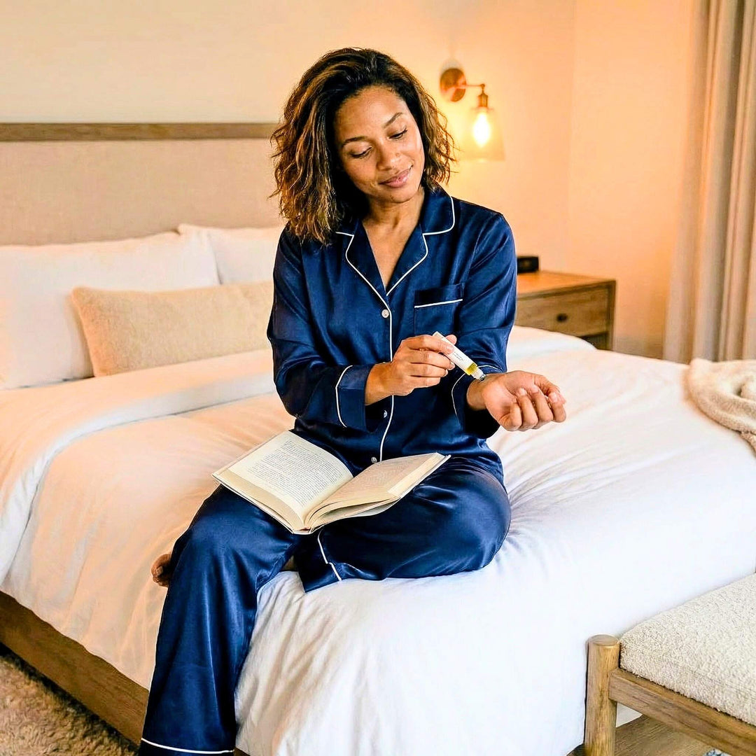 Woman in blue pajamas reading a book on a bed in a cozy bedroom and applying a Nurture rollerball to her wrist.