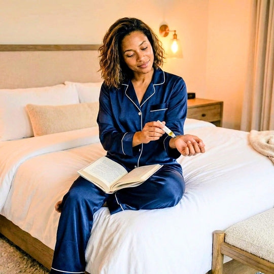 Woman in blue pajamas reading a book on a bed in a cozy bedroom and applying a Nurture rollerball to her wrist.