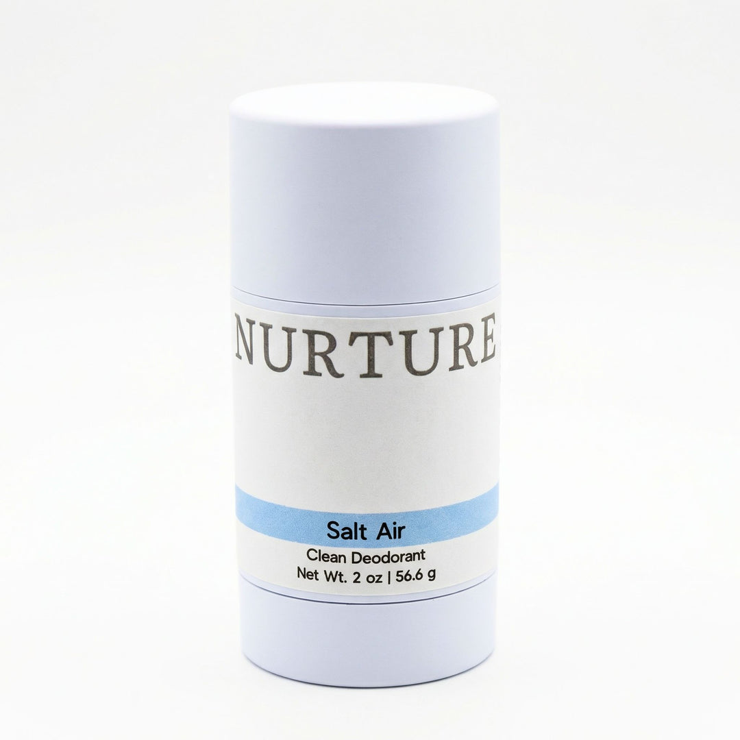 Deodorant stick labeled 'Nurture Salt Air' on a white background