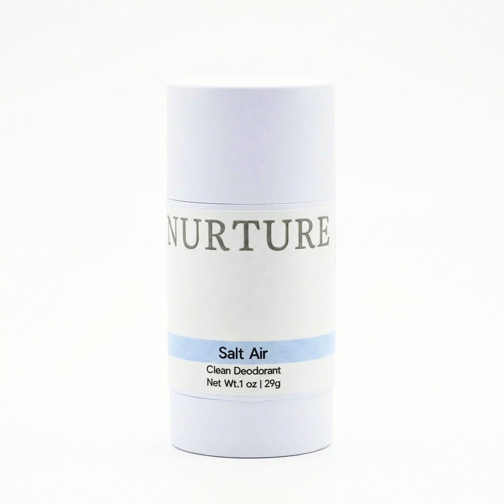 Deodorant stick labeled 'Nurture Salt Air' on a white background