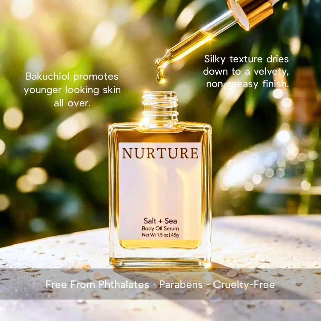 Nurture Salt + Sea body oil serum with dropper on a natural background