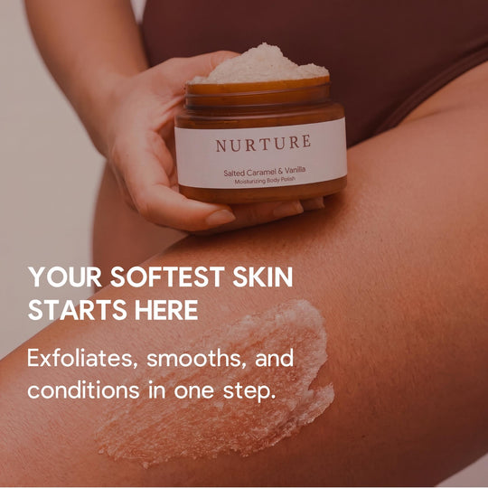 Model holding a jar of Moisturizing Body Polish on her thigh.