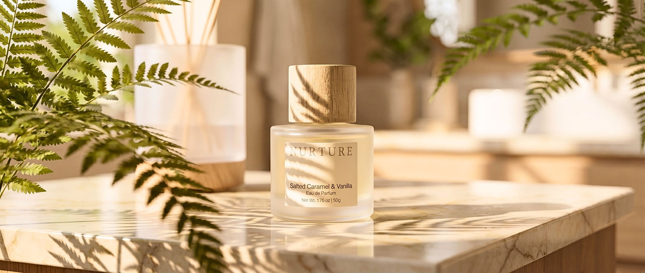 Salted Caramel perfume bottle on a marble surface with plants in the background