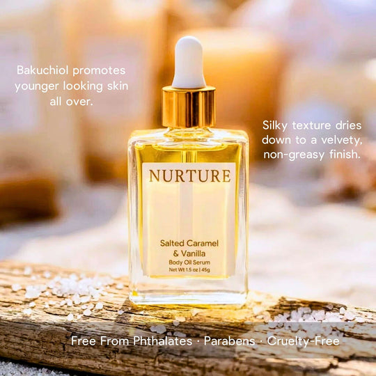 Nurture Salted Caramel &amp; Vanilla body oil serum bottle on a wooden surface with text about product benefits.