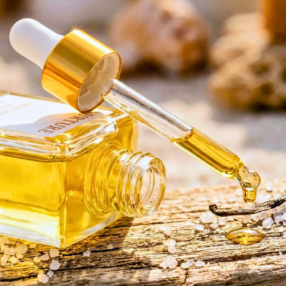 Gold dropper bottle with a droplet of oil on a wooden surface