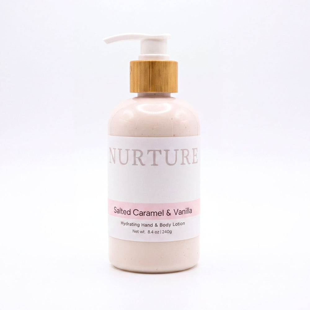 Lotion bottle with wooden pump labeled 'Nurture' on a white background