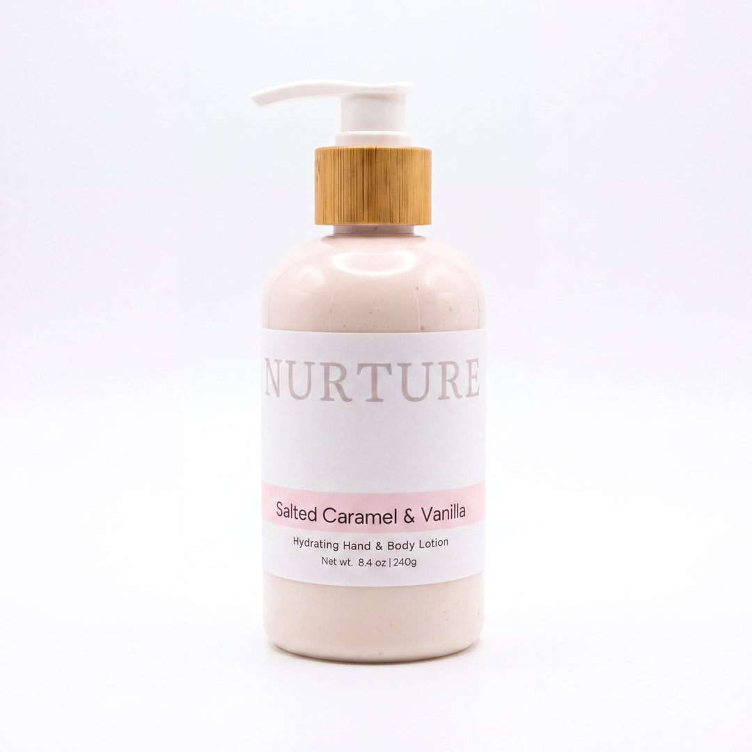 Lotion bottle with wooden pump labeled &