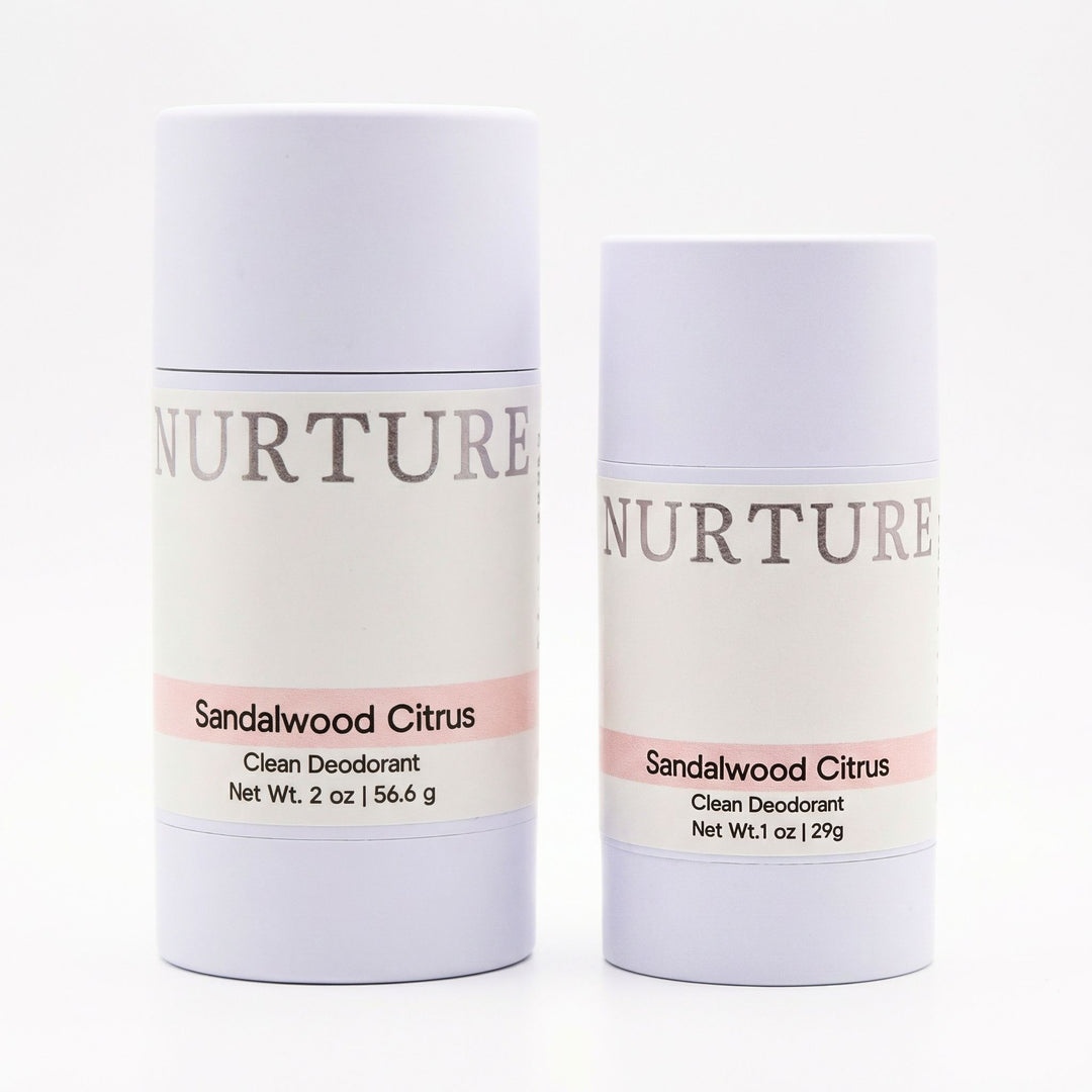 Two NURTURE Sandalwood Citrus deodorants on a white background