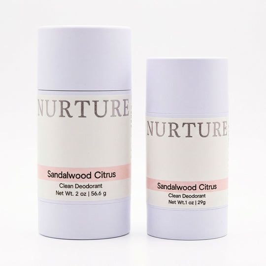 Two NURTURE Sandalwood Citrus deodorants on a white background