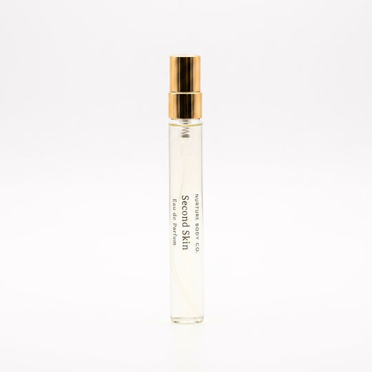 Second Skin atomizer with gold cap on a white background