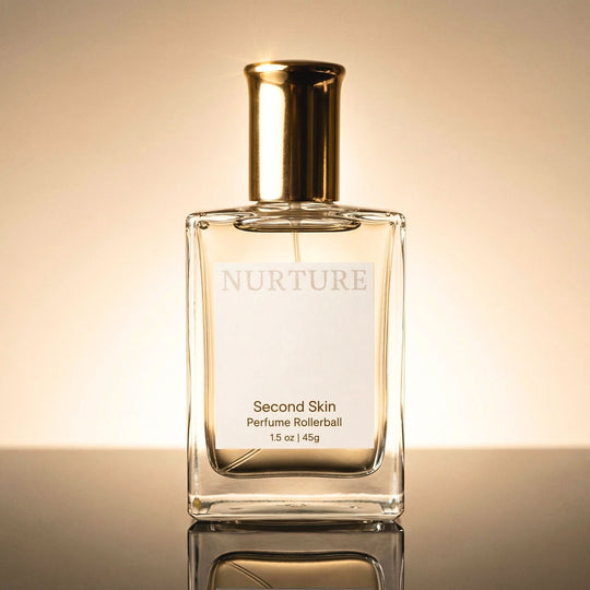 Beautiful bottle of Second Skin perfume oil on a neutral background.