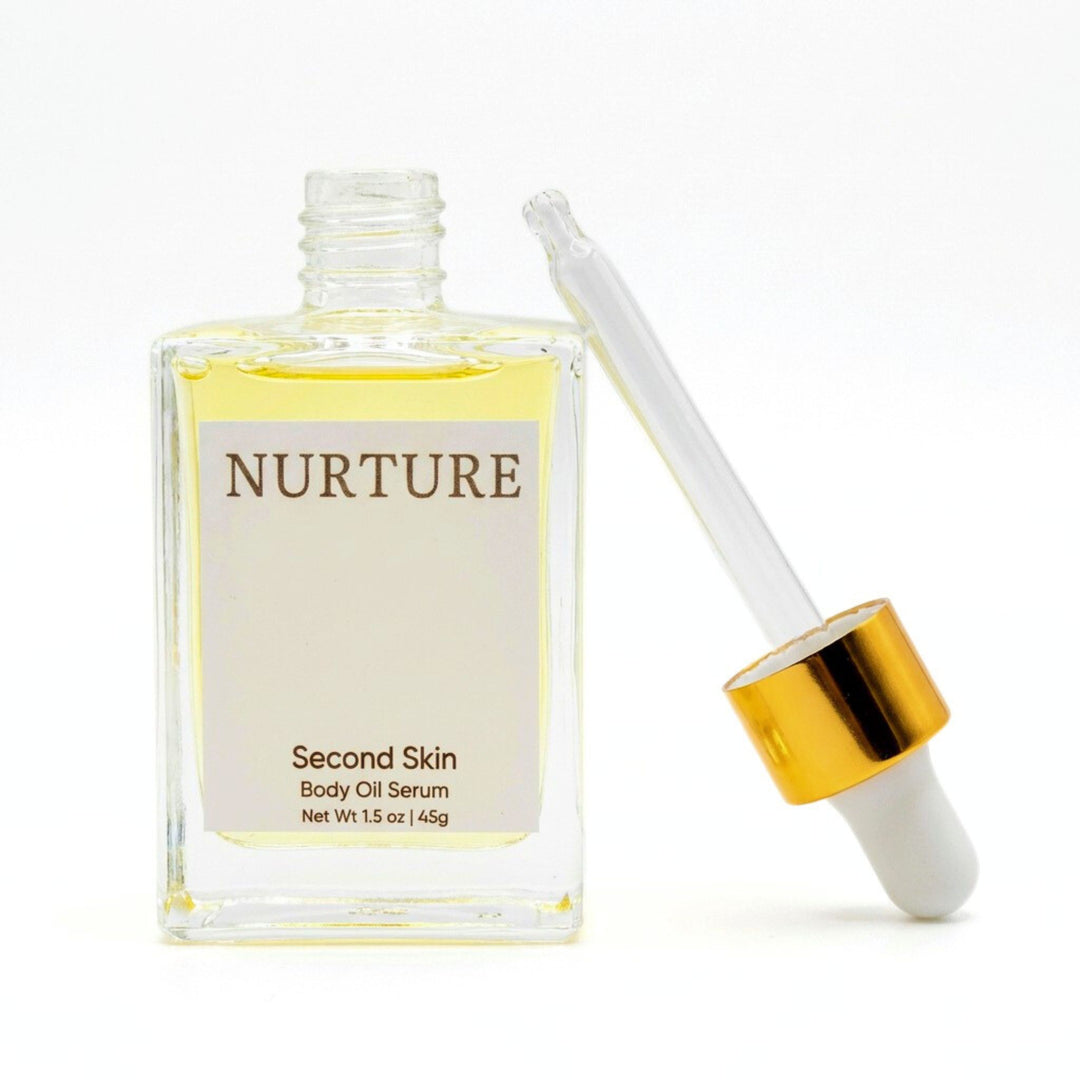 Nurture Second Skin Body Oil Serum bottle with dropper on a white background