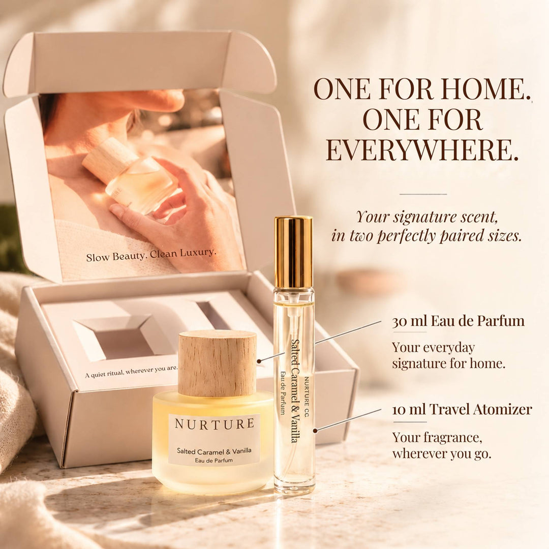 Perfume and atomizer on a neutral surface with custom box behind them.