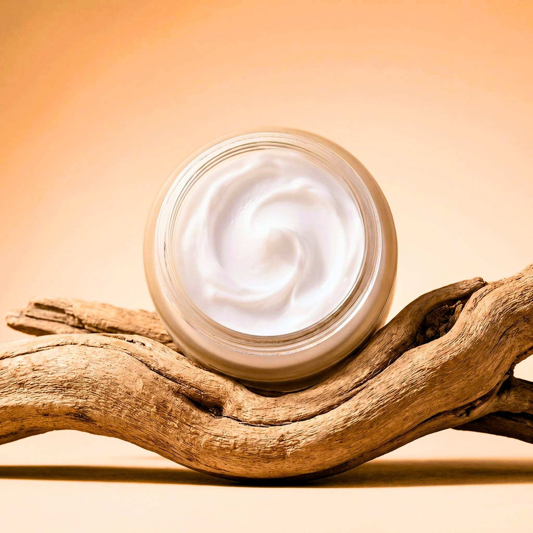 jar of body butter cream on a piece of driftwood.