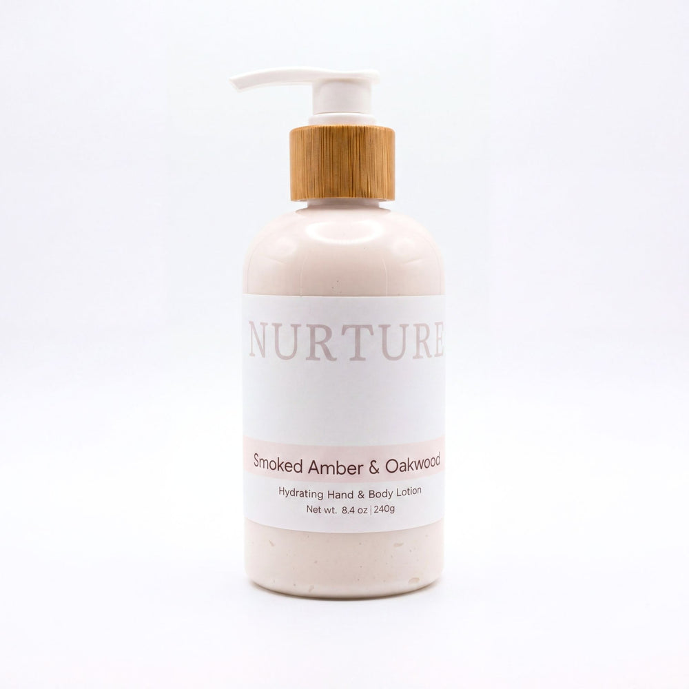 Nurture Body Lotion bottle with wooden pump on a white background