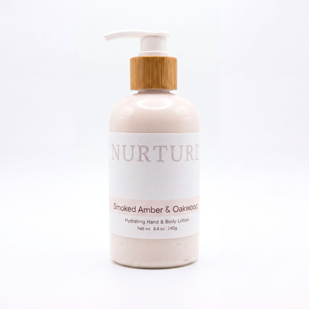 Nurture Body Lotion bottle with wooden pump on a white background