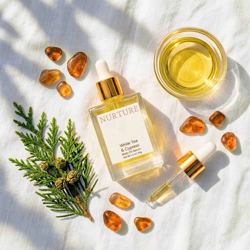 Nurture White Tea & Cypress body oil with amber stones and greenery on a light background