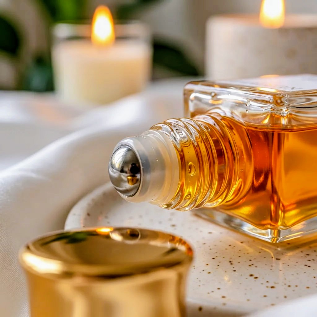 Glass bottle of oil with a metallic cap on a textured surface with candles in the background
