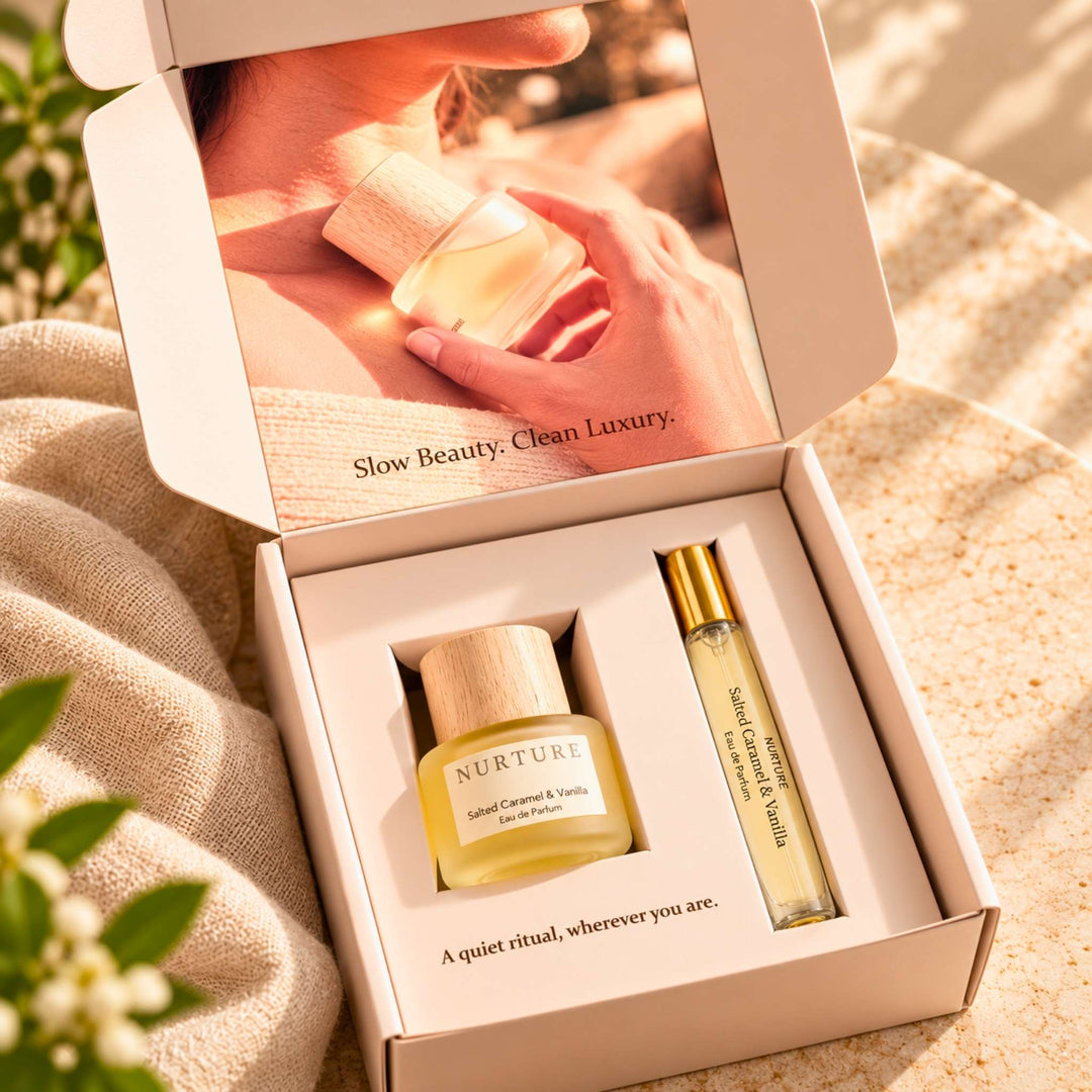 An open beige gift box containing a small amber bottle labeled NURTURE and a matching travel-size spray vial with a gold cap. The box lid shows a warm printed photo of a hand holding the bottle, and the products sit on a textured beige surface with soft natural light and blurred greenery in the background.
