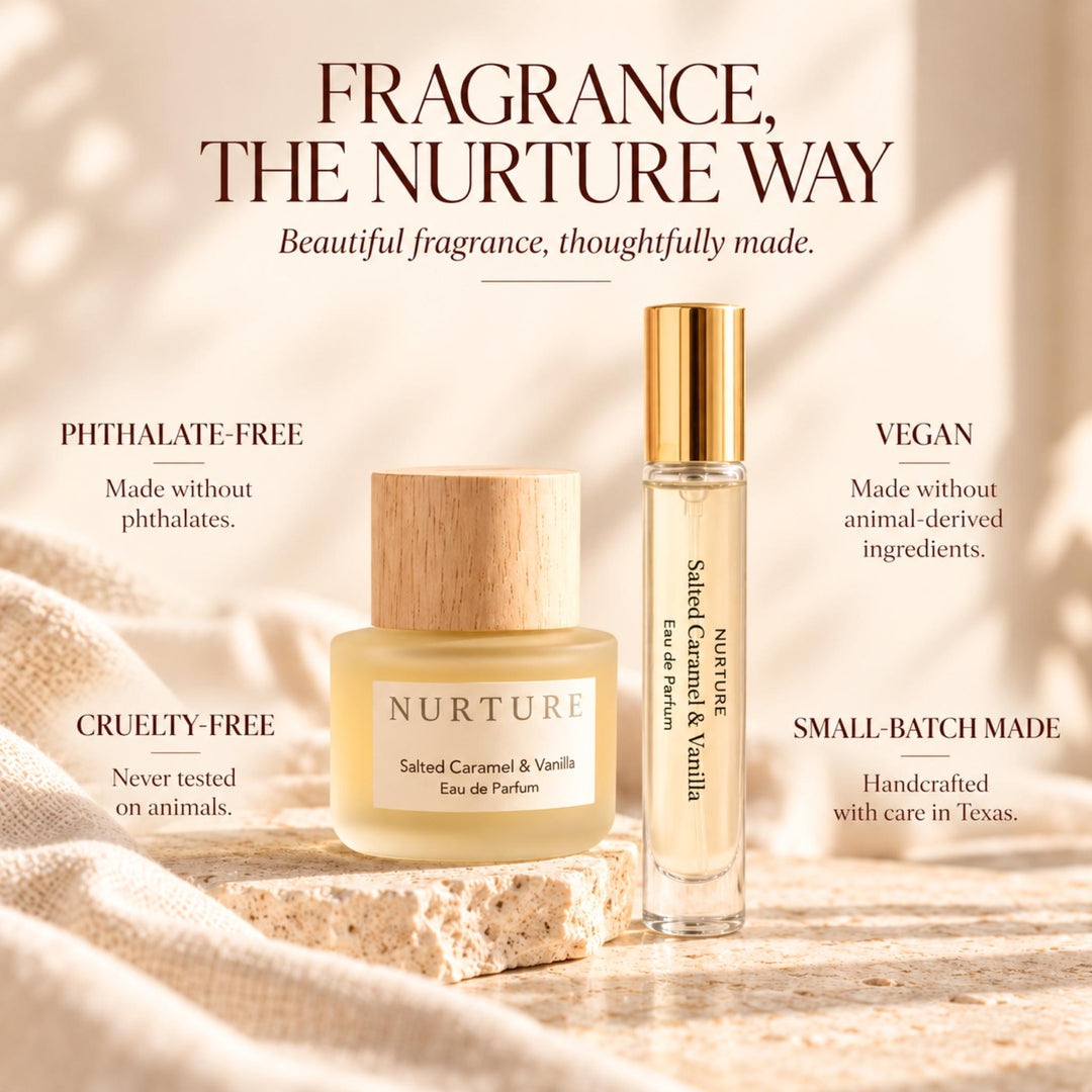 Nurture Salted Caramel &amp; Vanilla Eau de Parfum shown as a small glass bottle with a gold cap next to a larger matching jar on a stone slab, with marketing text about phthalate-free, vegan, cruelty-free, and small-batch made on a warm beige background.