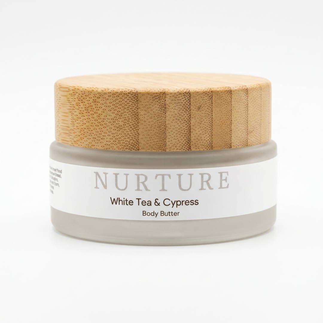 Body butter jar with wooden lid labeled &